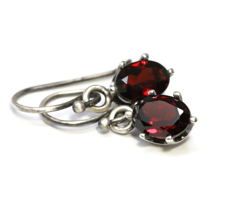 Tiny Oval Faceted AA Grade Red Garnet Sterling Silver Drop Earrings by Salish Sea Inspirations
